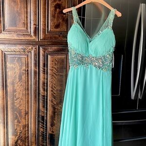 Mint Prom Dress/Gown, Mesh mid-section with gems, open back, leg slit. Fits M/L
